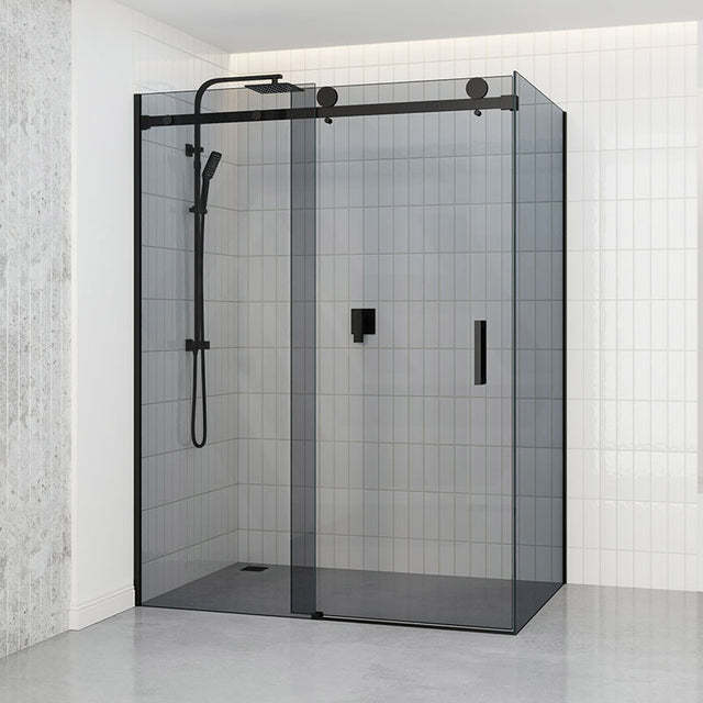 Grey Glass Frameless Shower Screen L Shape Sliding Return Panel Black Rail