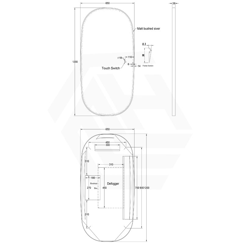 650/1200/1600mm Lamex Oval Silver Framed LED Frontlit Mirror
