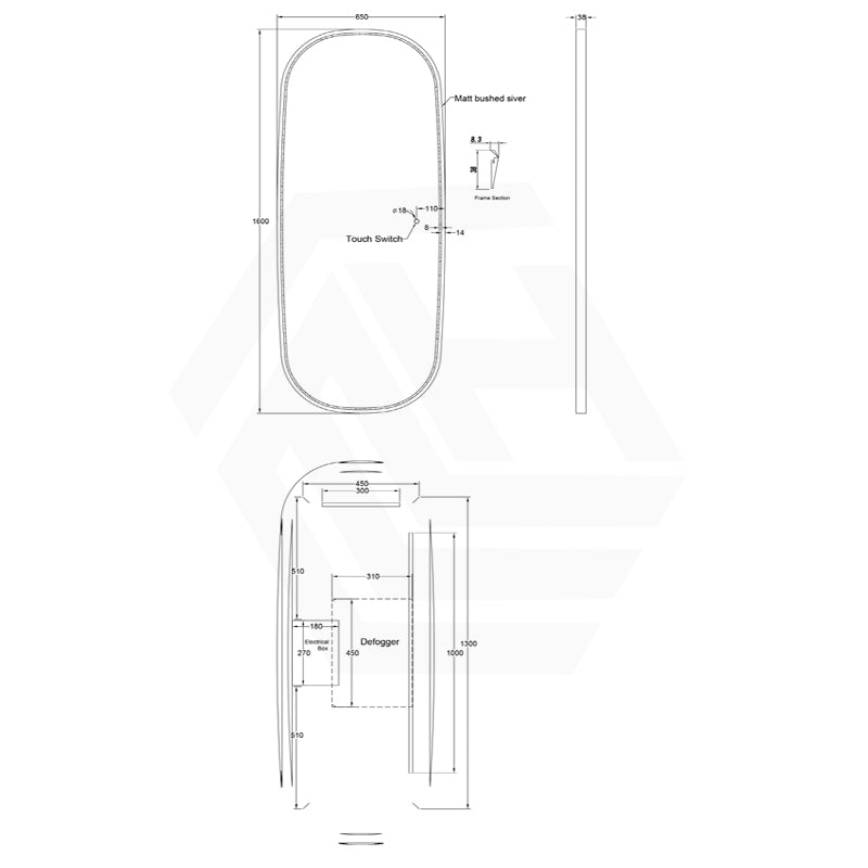 650/1200/1600mm Lamex Oval Silver Framed LED Frontlit Mirror
