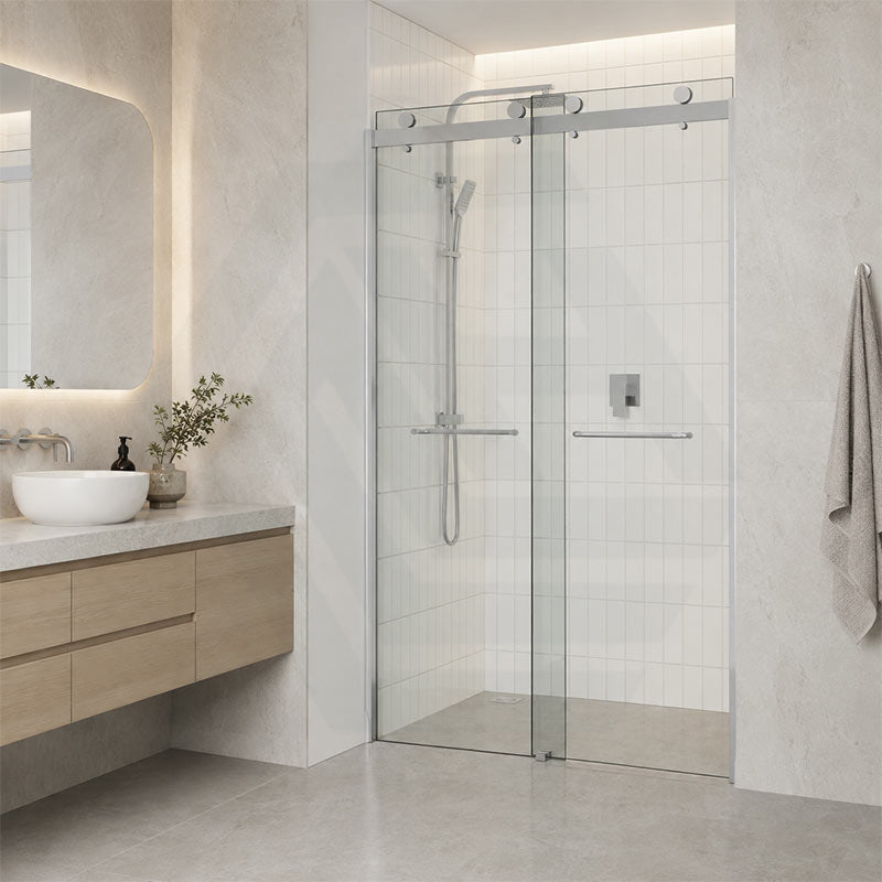 Frameless Double Sliding Door By-Pass Shower Screen 10mm Glass 1180-1800x2000mm - Chrome/Matt Black Fittings