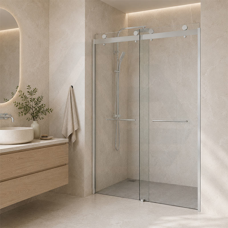 Frameless Double Sliding Door By-Pass Shower Screen 10mm Glass 1180-1800x2000mm - Chrome/Matt Black Fittings
