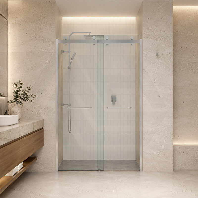 Frameless Double Sliding Door By-Pass Shower Screen 10mm Glass 1180-1800x2000mm - Chrome/Matt Black Fittings