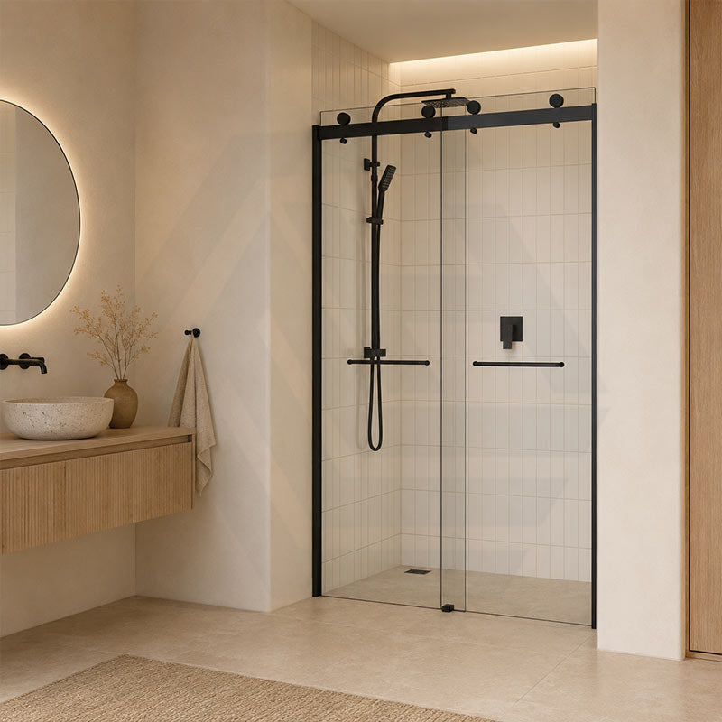 Frameless Double Sliding Door By-Pass Shower Screen 10mm Glass 1180-1800x2000mm - Chrome/Matt Black Fittings