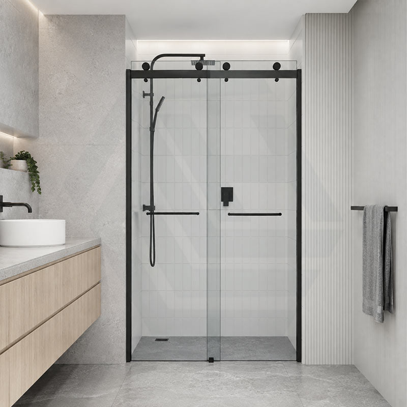 Frameless Double Sliding Door By-Pass Shower Screen 10mm Glass 1180-1800x2000mm - Chrome/Matt Black Fittings