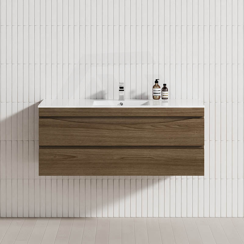 1200x450x550mm Dark Timber Wall Hung Vanity Cabinet with Curved Edge Double Drawers Cabinet Only