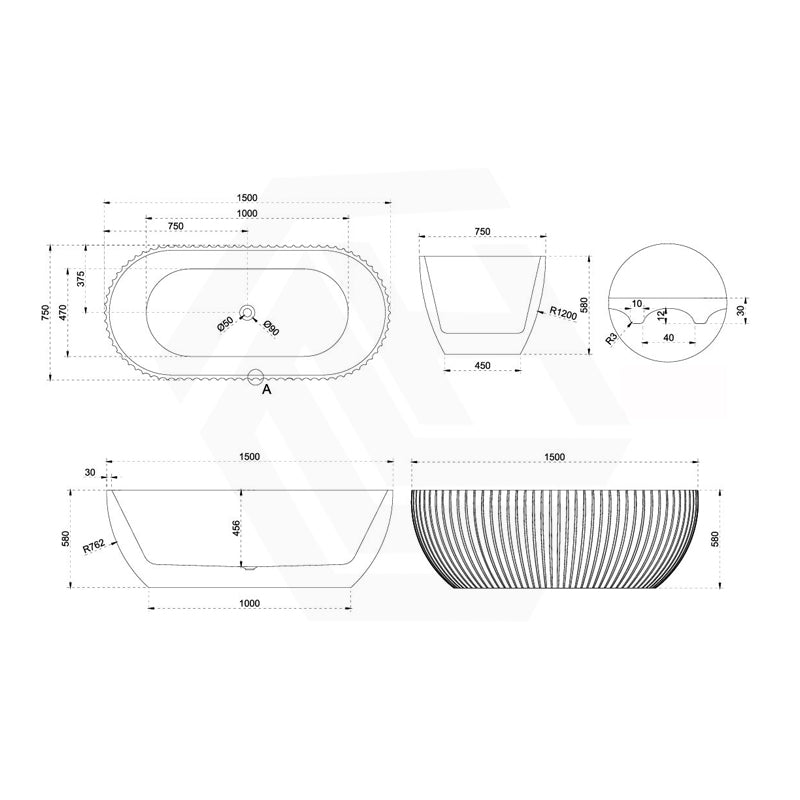 1500mm Elite Oval Freestanding Bathtub Acrylic NO Overflow Gloss White