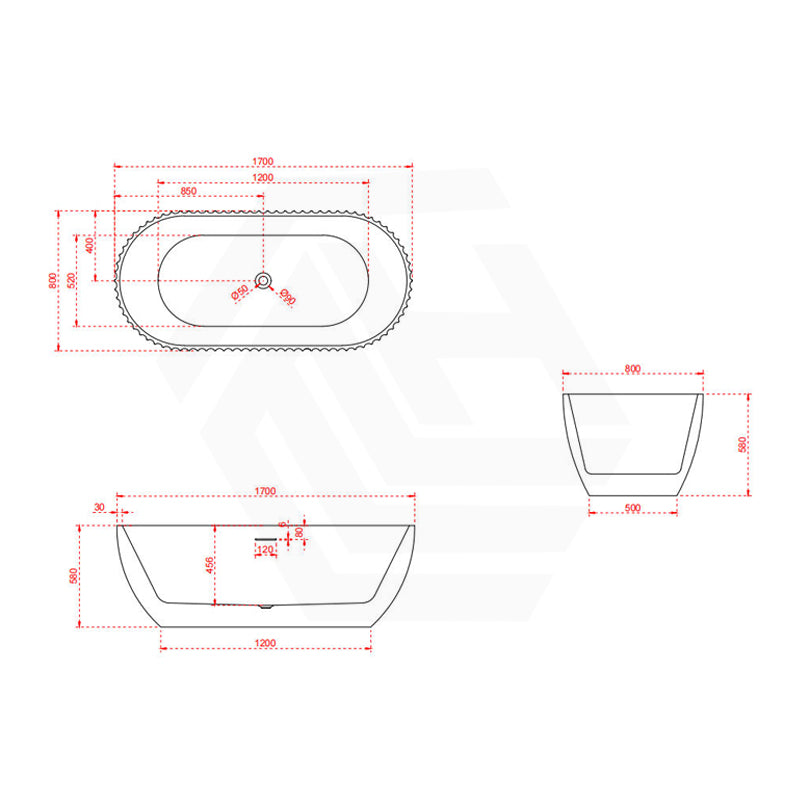 1500/1700mm Elite Oval Freestanding Bathtub Acrylic NO Overflow Gloss White
