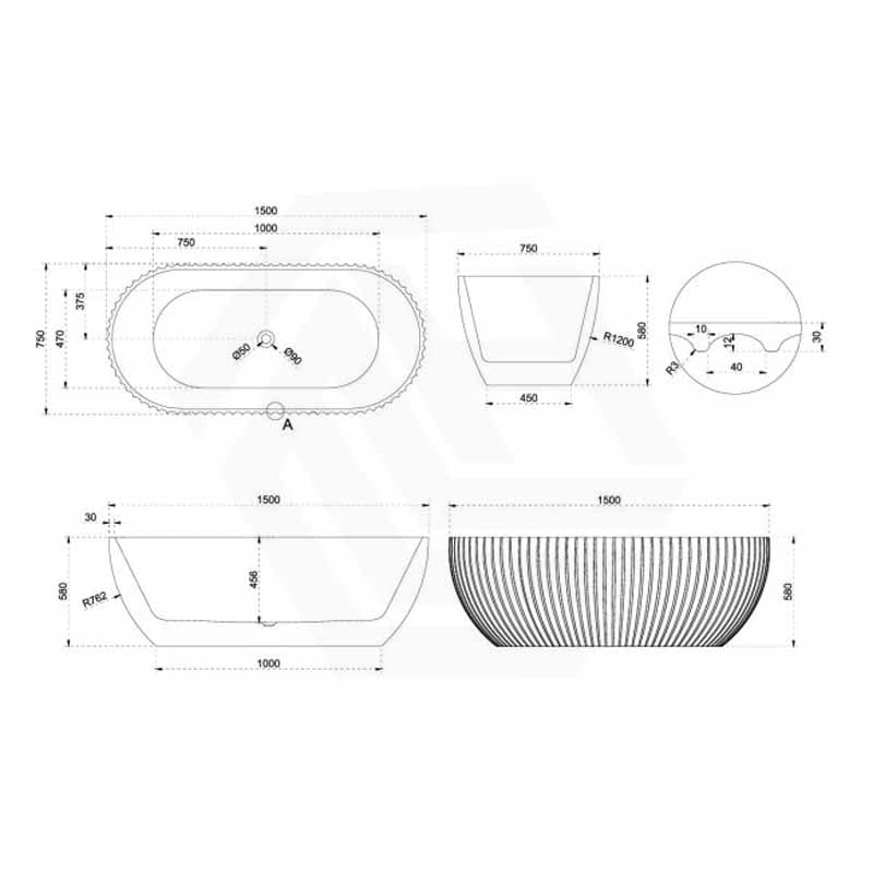 1500mm Elite Oval Freestanding Bathtub Acrylic NO Overflow Matt Black/Mint Green