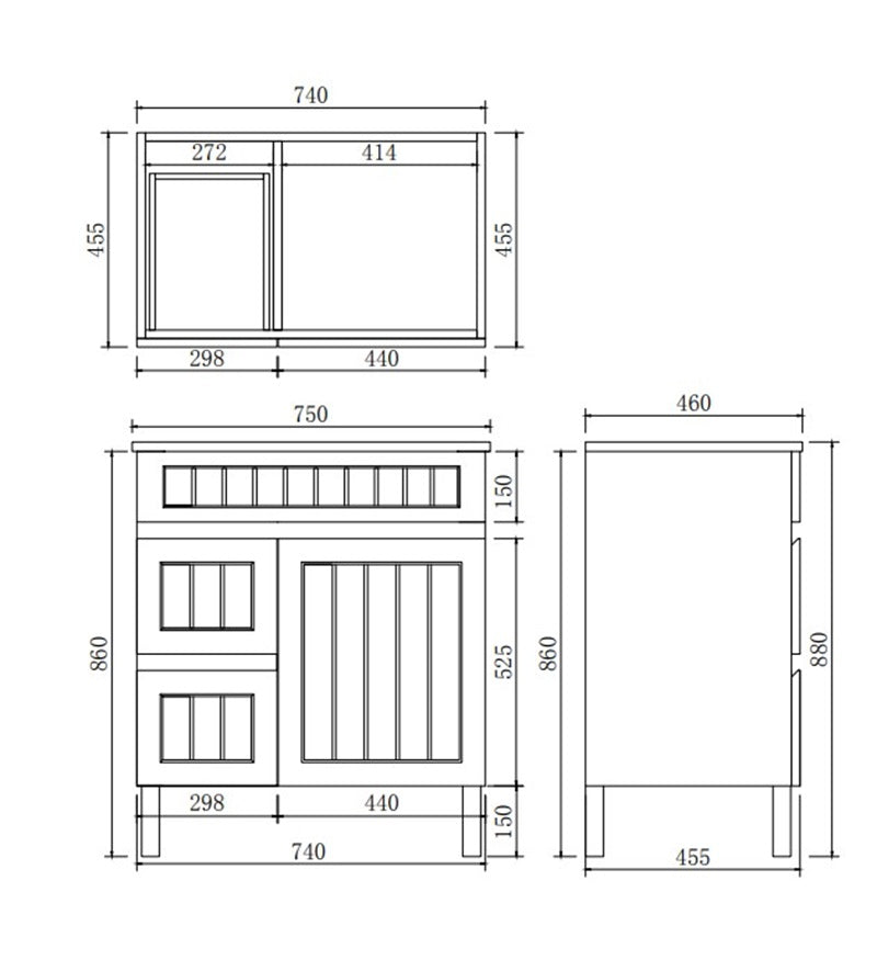Lukka 750mm Archill Freestanding With Legs Vanity PVC Board Matt Black Linear Surface Left Hand Drawers
