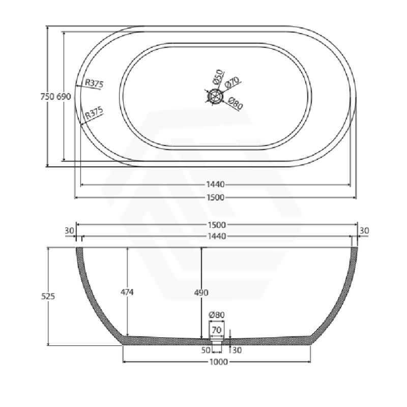 Fienza 1500/1700mm Jada Concrete Grey Freestanding Bathtub Oval Acrylic NO Overflow