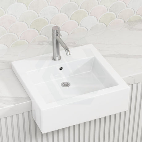 Fienza 480X460X150mm Jacinta Rectangle Gloss White Semi Recessed Ceramic Basin 1 Or 3 Tap Holes