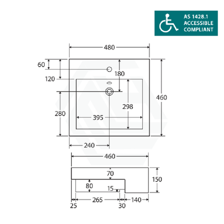 Fienza 480x460x150mm Jacinta Rectangle Gloss White Semi Recessed Ceramic Basin 1 or 3 Tap Holes