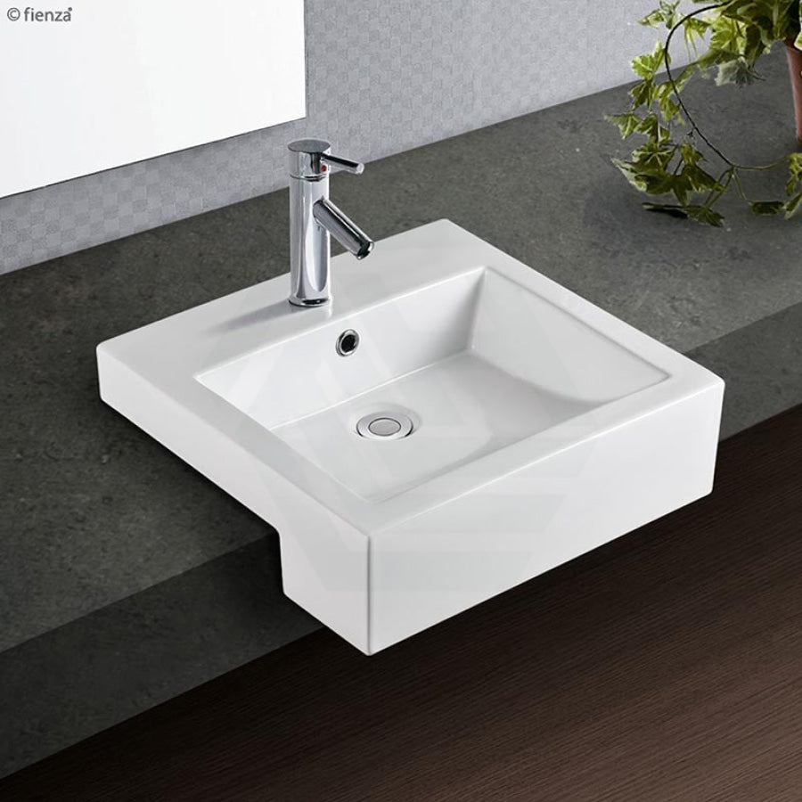Fienza 480x460x150mm Jacinta Rectangle Gloss White Semi Recessed Ceramic Basin 1 or 3 Tap Holes