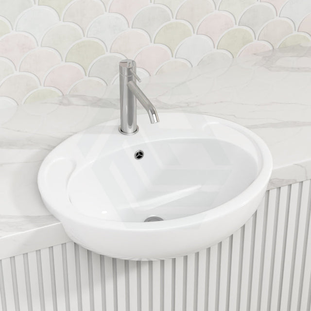 Fienza 515X430X175Mm Micki Oval Gloss White Semi Recessed Ceramic Basin One Tap Hole Semi-Recessed