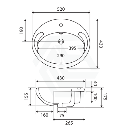 Fienza 515x430x175mm Micki Oval Gloss White Semi Recessed Ceramic Basin One Tap Hole