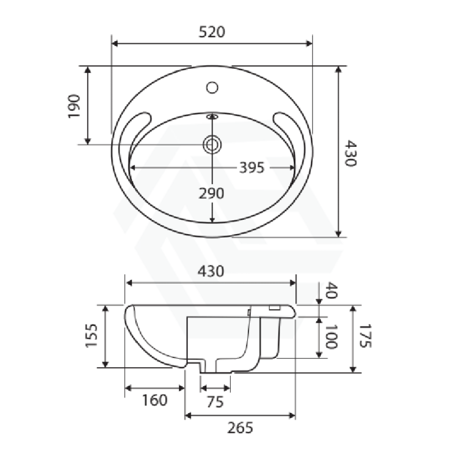 Fienza 515x430x175mm Micki Oval Gloss White Semi Recessed Ceramic Basin One Tap Hole
