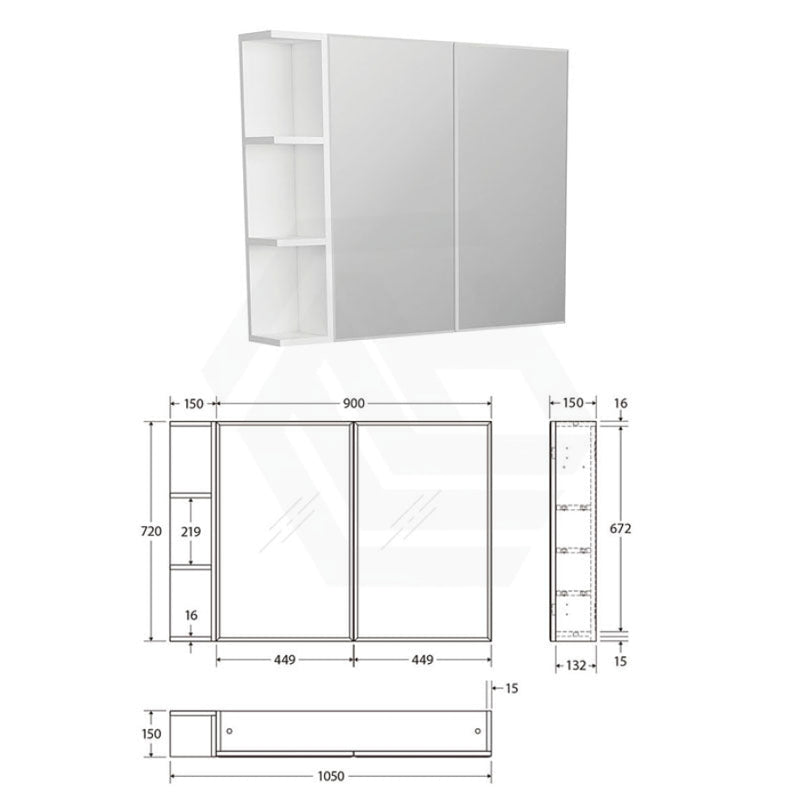 600/750/900/1200Mm Bevel Edge Gloss White Mdf Board Mirror Shaving Cabinet 1 Side Shelf