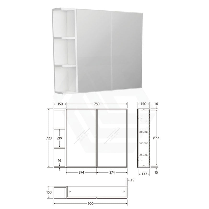 600/750/900/1200Mm Bevel Edge Gloss White Mdf Board Mirror Shaving Cabinet 1 Side Shelf