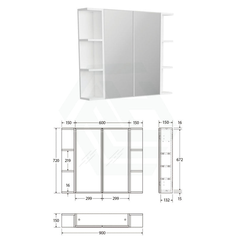 600/750/900/1200Mm Bevel Edge Gloss White Mdf Board Mirror Shaving Cabinet 2 Side Shelves