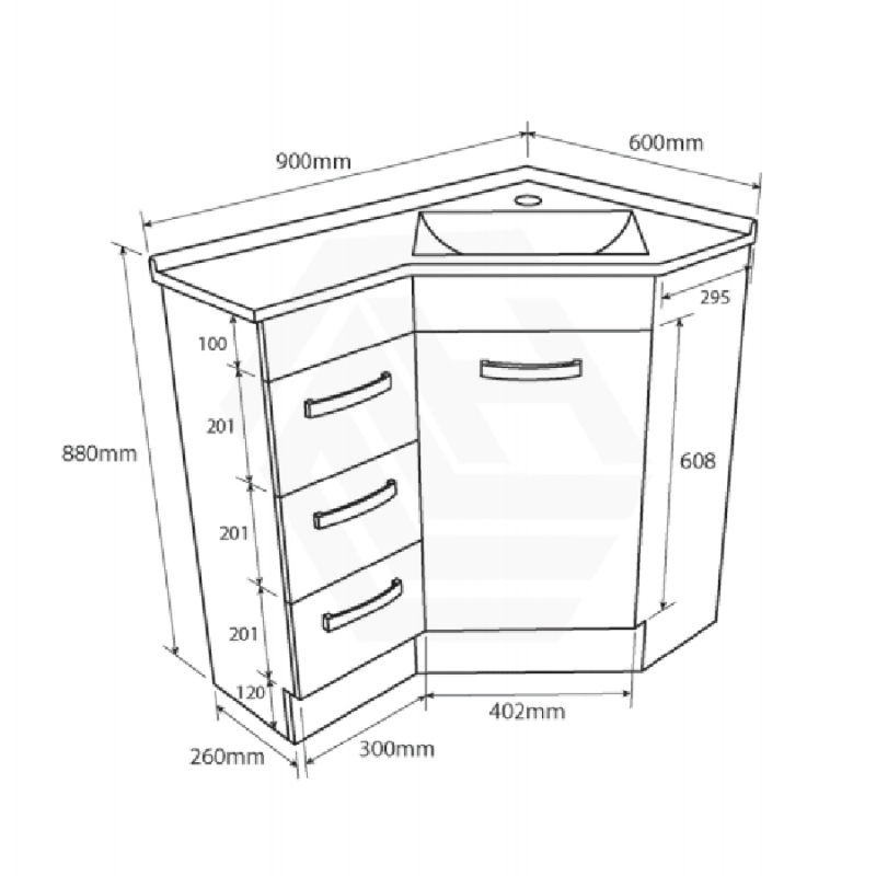 600/900mm Corner Vanity Gloss White E0 Board Freestanding Kickboard Cabinet for Bathroom
