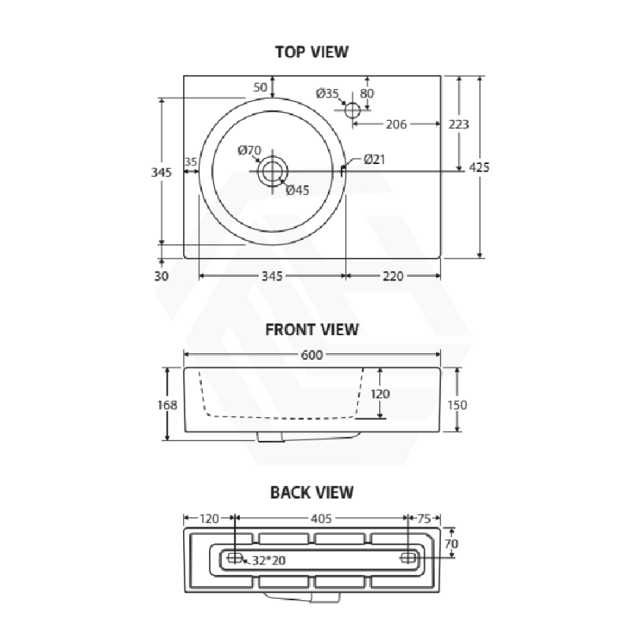 Fienza 600x425x150mm Reba Rectangle Gloss White Wall Hung Ceramic Left / Right Bowl Basin