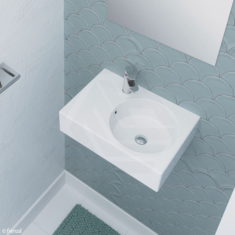 Fienza 600x425x150mm Reba Rectangle Gloss White Wall Hung Ceramic Left / Right Bowl Basin