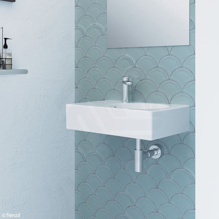 Fienza 600x425x150mm Reba Rectangle Gloss White Wall Hung Ceramic Left / Right Bowl Basin
