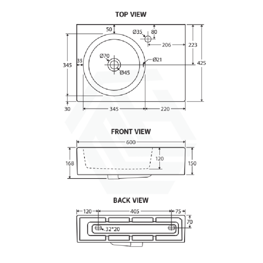 Fienza 600x425x150mm Reba Rectangle Gloss White Wall Hung Ceramic Left / Right Bowl Basin