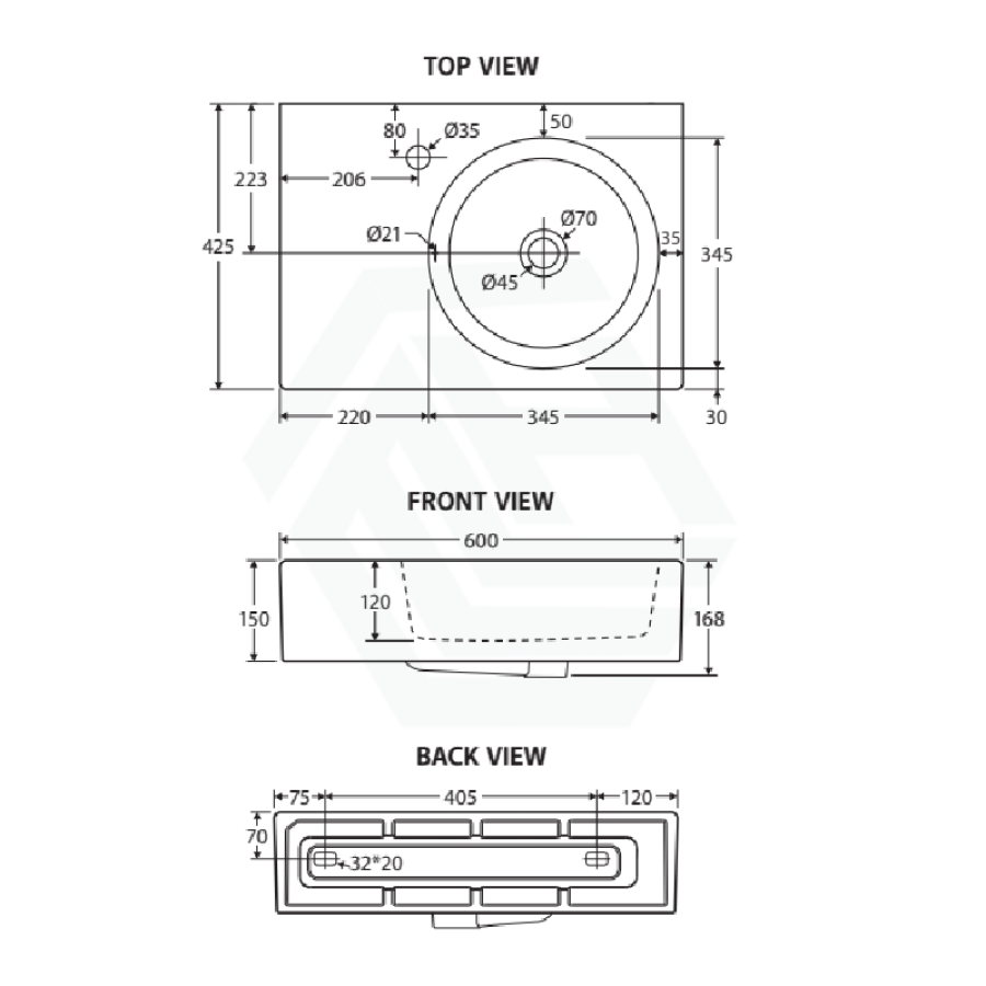 Fienza 600x425x150mm Reba Rectangle Gloss White Wall Hung Ceramic Left / Right Bowl Basin