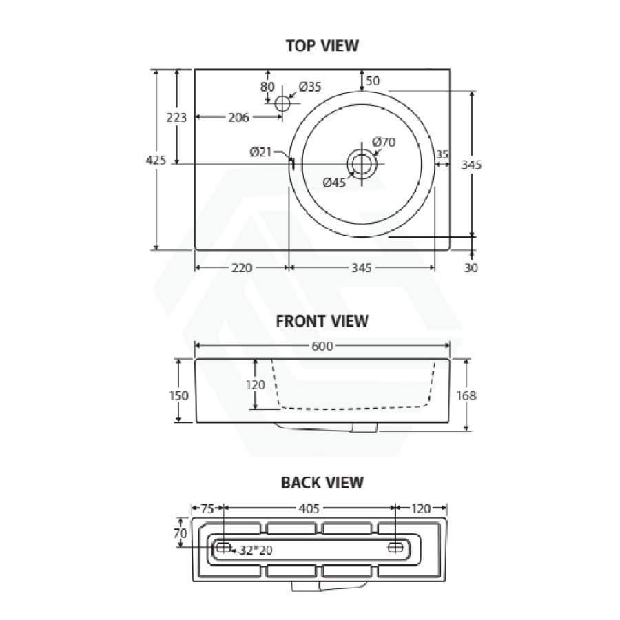 Fienza 600x425x150mm Reba Rectangle Gloss White Wall Hung Ceramic Left / Right Bowl Basin