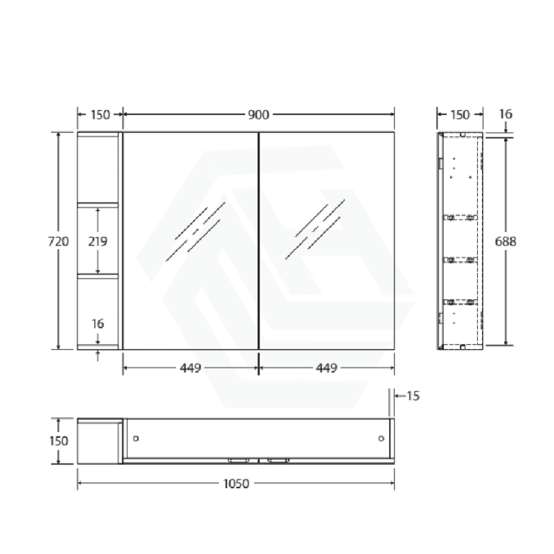 600/750/900/1200mm Pencil Edge Gloss White MDF board Mirror Shaving Cabinet 1 Side Shelf