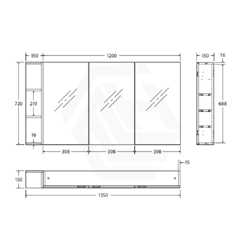 600/750/900/1200mm Pencil Edge Gloss White MDF board Mirror Shaving Cabinet 1 Side Shelf