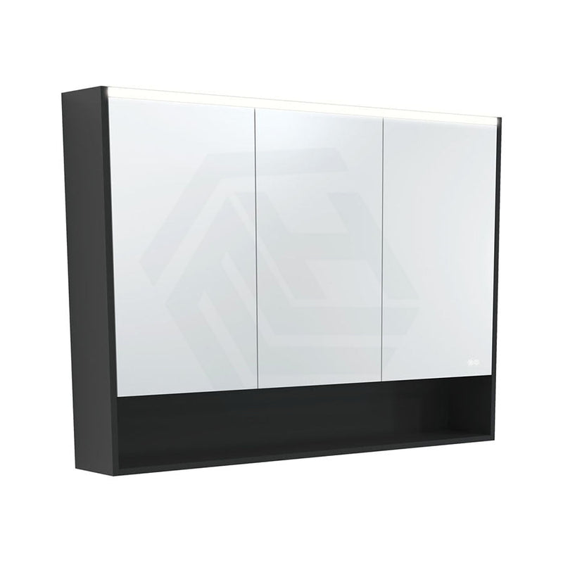 Fienza 750/900/1200Mm Led Pencil Edge Satin Black Mirror Cabinet With Display Shelf Shaving Cabinets