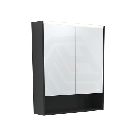 Fienza 750/900/1200Mm Led Pencil Edge Satin Black Mirror Cabinet With Display Shelf Shaving Cabinets