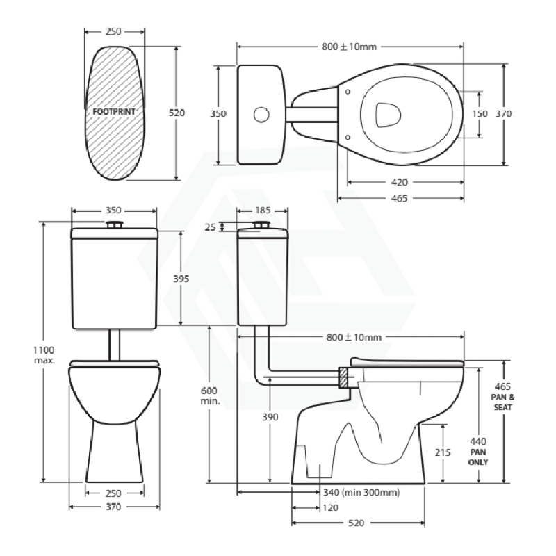 Fienza 800x370x1100mm Stella Care  Adjustable Link Toilet Suite