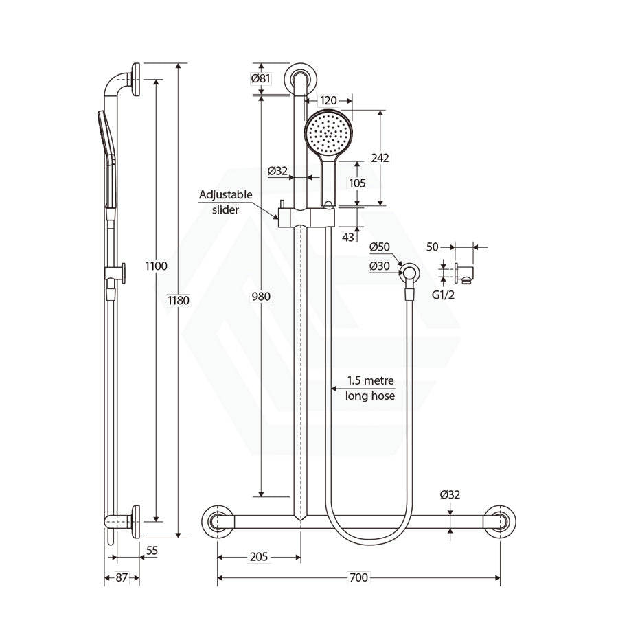 Fienza Hustle Care Matt Black Inverted T Rail Shower Left/Right Hand With Handheld