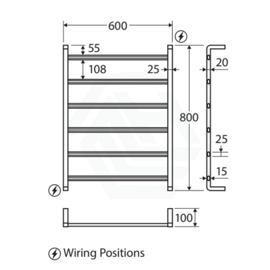 Fienza Koko Heated Towel Rail 600Mm 4/6/9 Square Bars Matt Black Rails