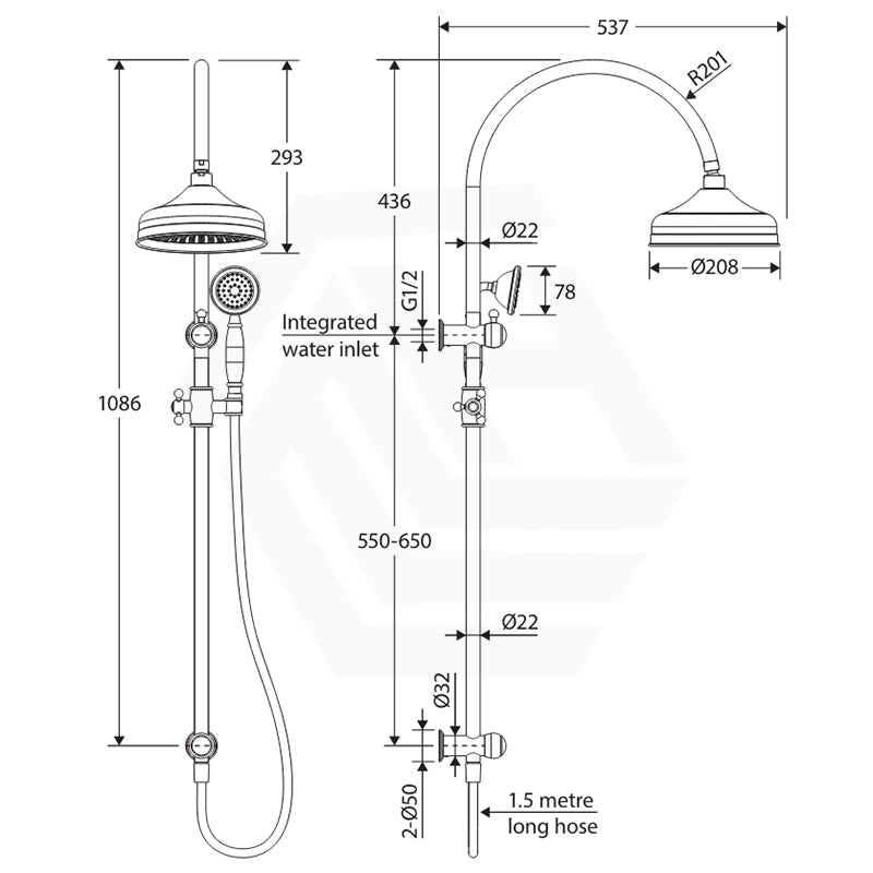 Fienza Lillian Chrome Twin Shower Top Water Inlet Brushd Gold Showers