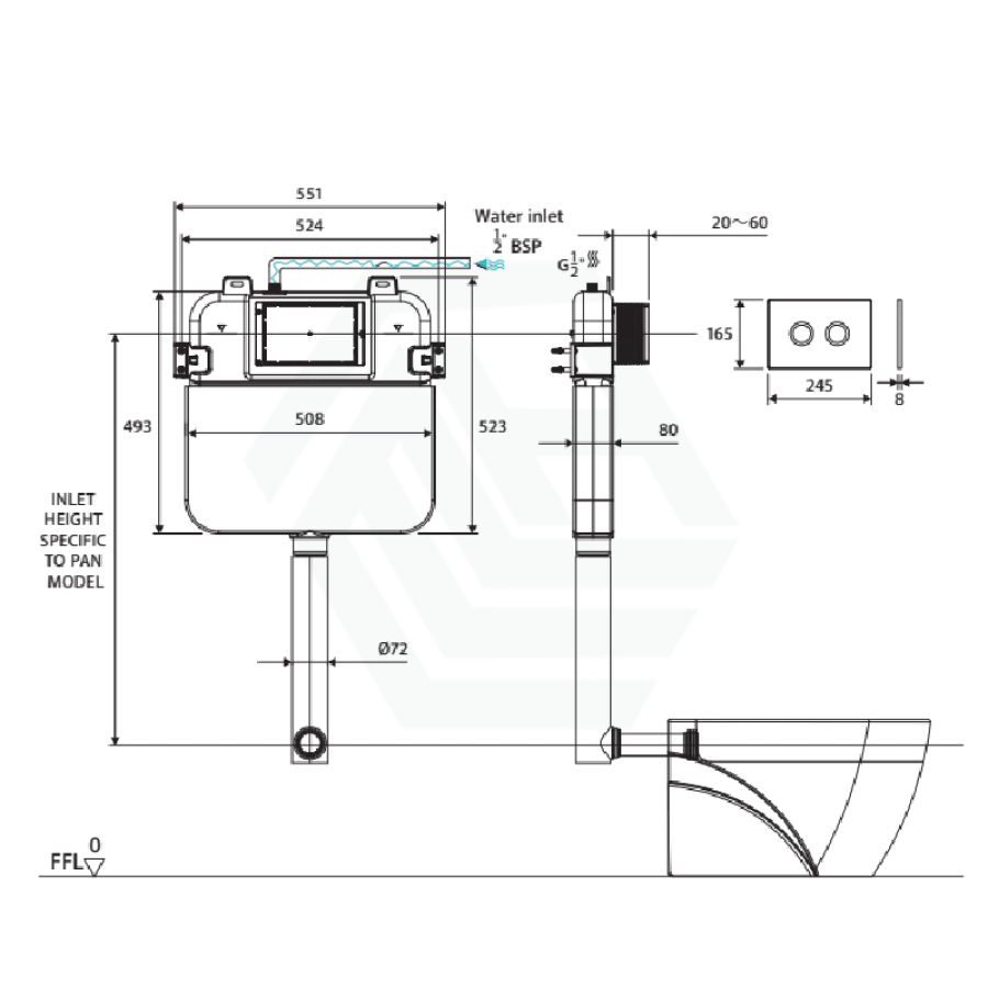 Fienza R&T Pneumatic In-Wall Cistern for Wall-Faced Pans Button