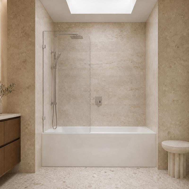 Fienza Curved Edge Fixed Frameless Bathtub Screen 10mm Glass 700/800x1500mm - Variant Colour Fittings