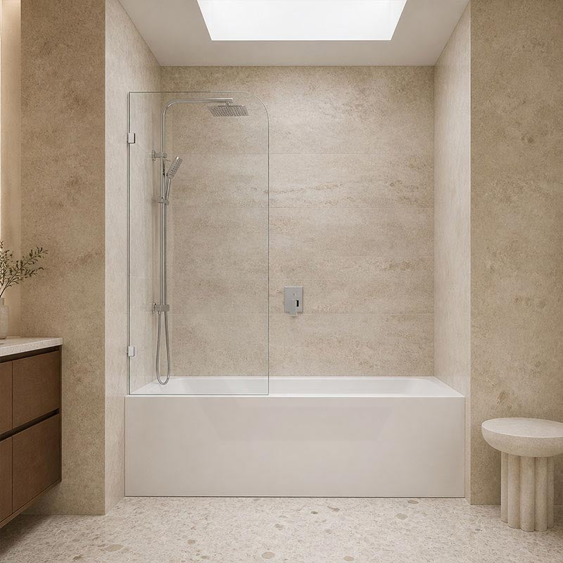 Fienza Curved Edge Fixed Frameless Bathtub Screen 10mm Glass 700/800x1500mm - Variant Colour Fittings