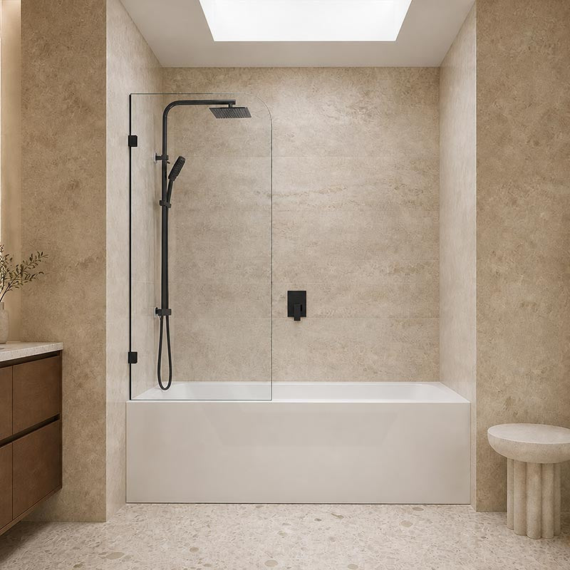 Fienza Curved Edge Fixed Frameless Bathtub Screen 10mm Glass 700/800x1500mm - Variant Colour Fittings