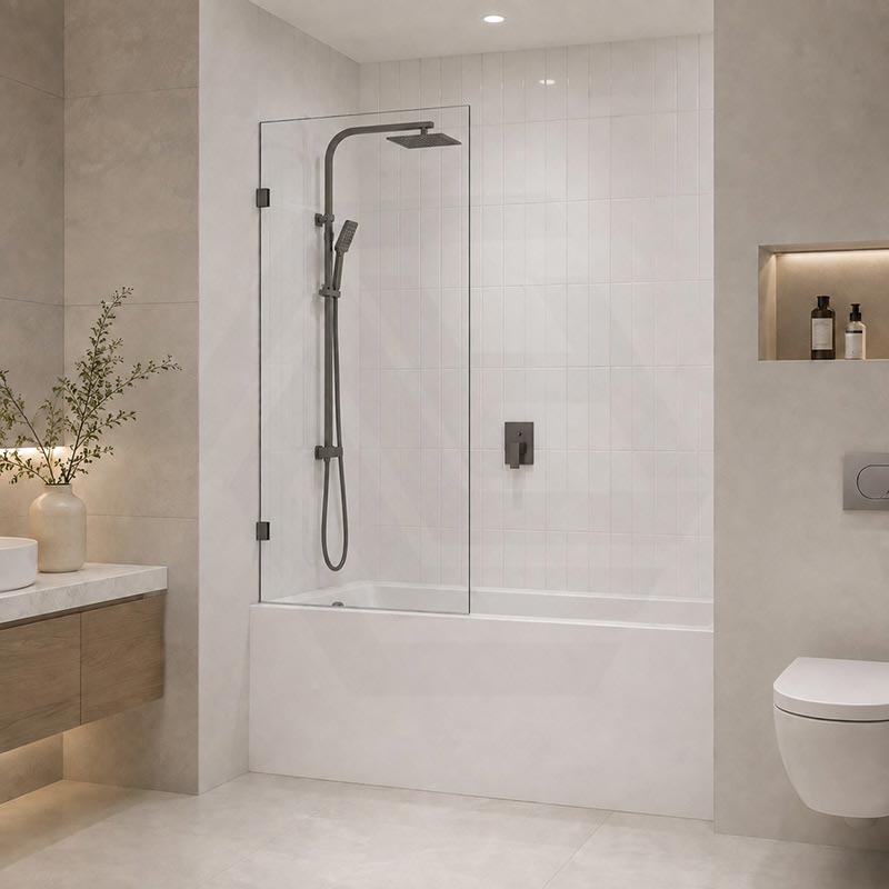 Fienza Rectangular Fixed Frameless Bathtub Screen 10mm Glass 700/800/900x1500mm - Variant Colour Fittings