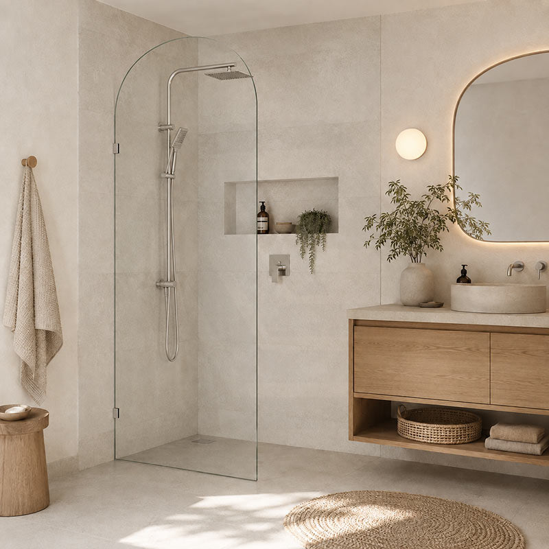 Fienza Arch Frameless Walk-in Fixed Panel 10mm Glass 700-1200x2200mm - Variant Colour Fittings