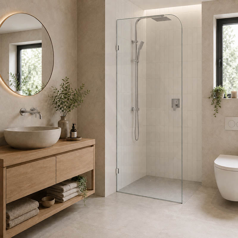 Fienza Curved Edge Frameless Walk-in Fixed Panel 10mm Glass 700-1200x2050mm - Variant Colour Fittings