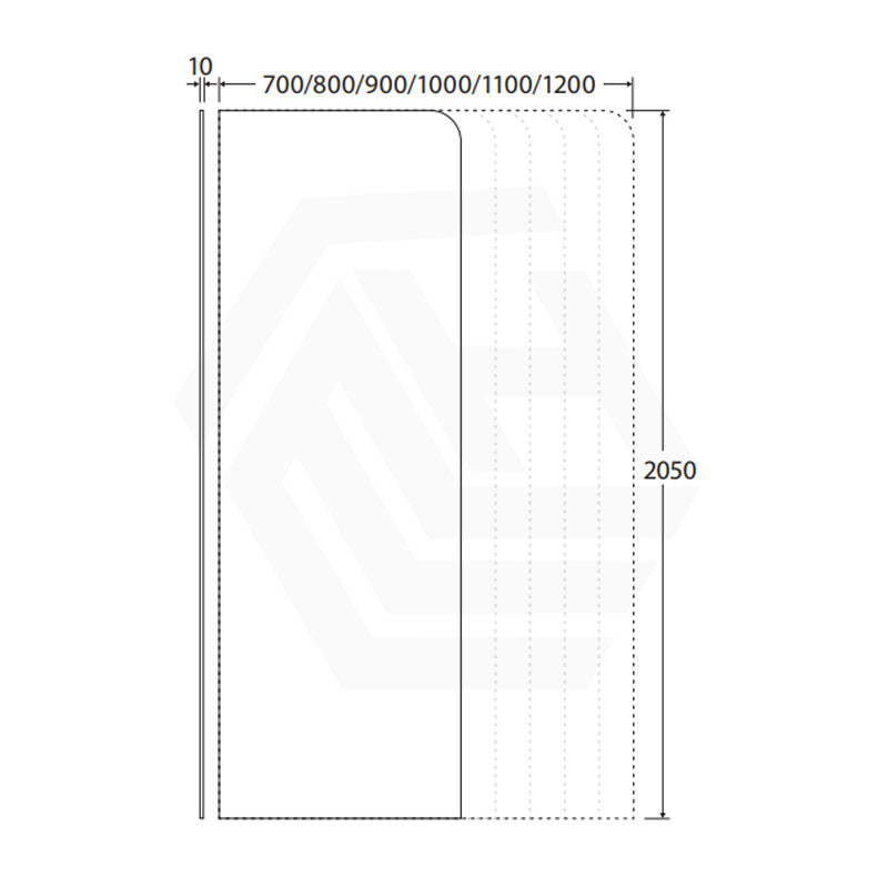 Fienza Curved Edge Frameless Walk-in Fixed Panel 10mm Glass 700-1200x2050mm - Variant Colour Fittings