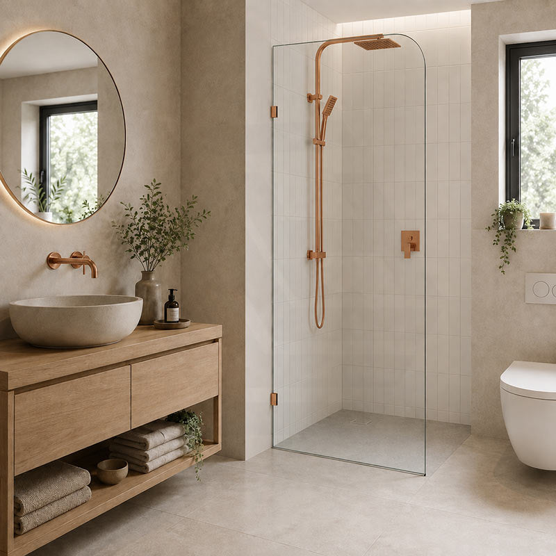 Fienza Curved Edge Frameless Walk-in Fixed Panel 10mm Glass 700-1200x2050mm - Variant Colour Fittings