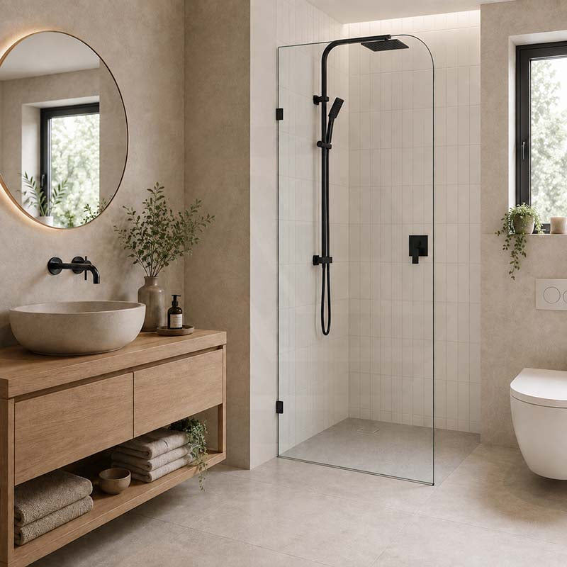 Fienza Curved Edge Frameless Walk-in Fixed Panel 10mm Glass 700-1200x2050mm - Variant Colour Fittings