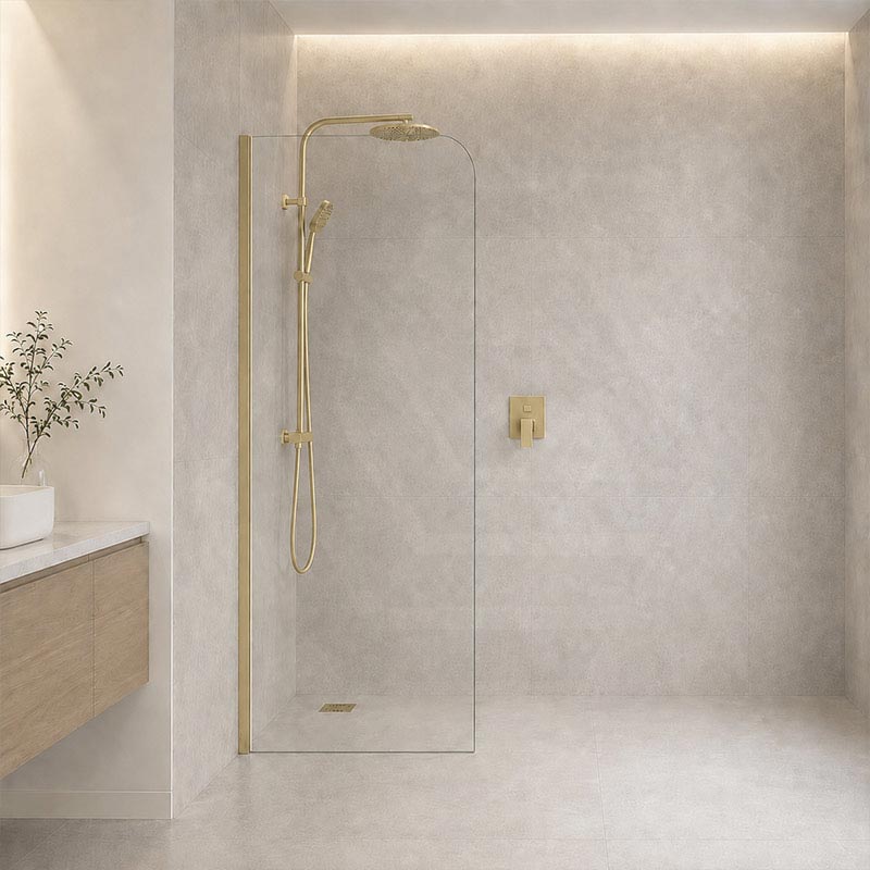 Fienza Curved Edge Frameless Fixed Panel with Channel 10mm Glass 700-1200x2050mm - Variant Colour Fittings