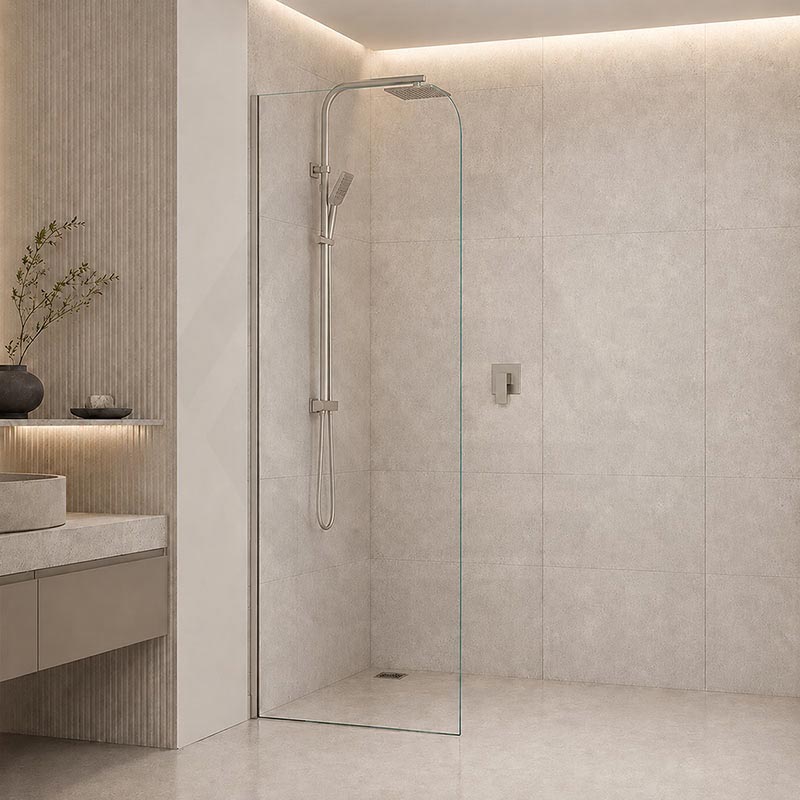 Fienza Curved Edge Frameless Fixed Panel with Channel 10mm Glass 700-1200x2050mm - Variant Colour Fittings